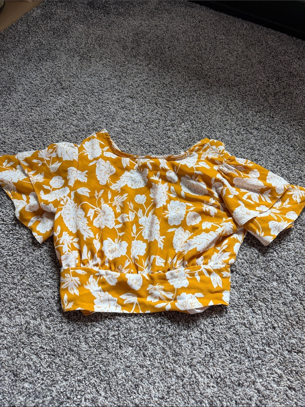 Yellow Floral Puff-Sleeve Crop Top - Women's Summer Blouse